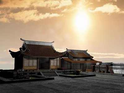 Traditional Chinese Classic Building With Overhanging Eaves Red Tiled Roof And Sunset Sky 3d model