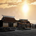 Traditional Chinese Classic Building With Overhanging Eaves Red Tiled Roof And Sunset Sky