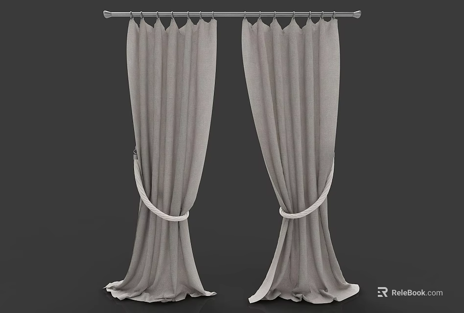 Gray Fabric Curtains With Elegant White Tiebacks For Modern Window Decoration 3d model 