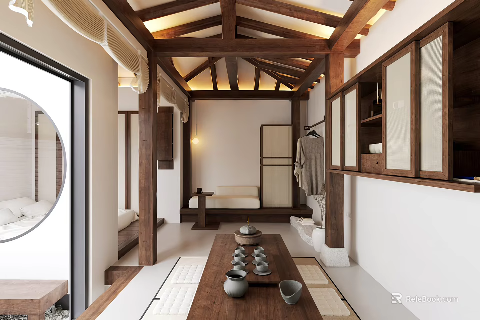 Traditional Chinese Hotel Guest Room With Wooden Beams Tatami And Tea Set Decor 3d model 
