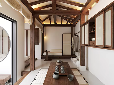Traditional Chinese Hotel Guest Room With Wooden Beams Tatami And Tea Set Decor 3d model