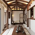 Traditional Chinese Hotel Guest Room With Wooden Beams Tatami And Tea Set Decor