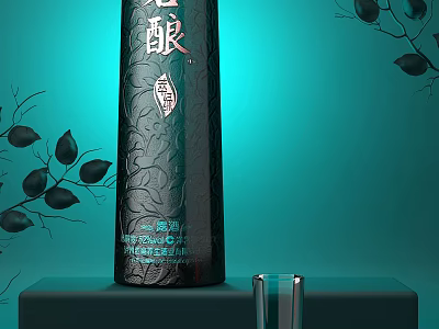 Black Wine Bottle with Chinese Characters and Wine Glass on Teal Background with Black Branches 3d model