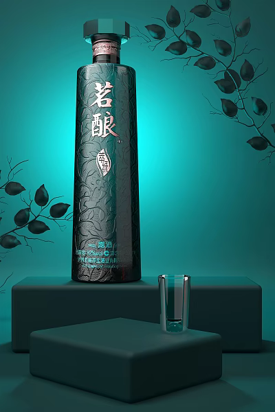 Black Wine Bottle with Chinese Characters and Wine Glass on Teal Background with Black Branches 3d model
