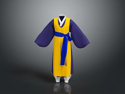 Man wearing traditional Korean hanbok with yellow blue design blue sash and white inner layer 3d model