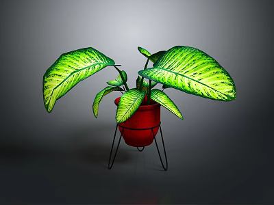 Green Variegated Plant in Red Pot on Black Metal Stand with Striped Leaves 3d model