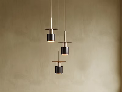 Minimalist Three Hanging Pendant Lights With Black Metal Shades Against Beige Wall Background 3d model