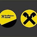 Raiffeisen Bank Logo and Hammer Symbol on Yellow Black Circular Signs