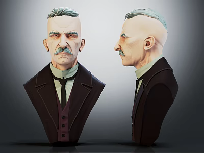Man With Mustache Short Gray Hair In Formal Suit Front And Side View Bust Sculpture 3d model