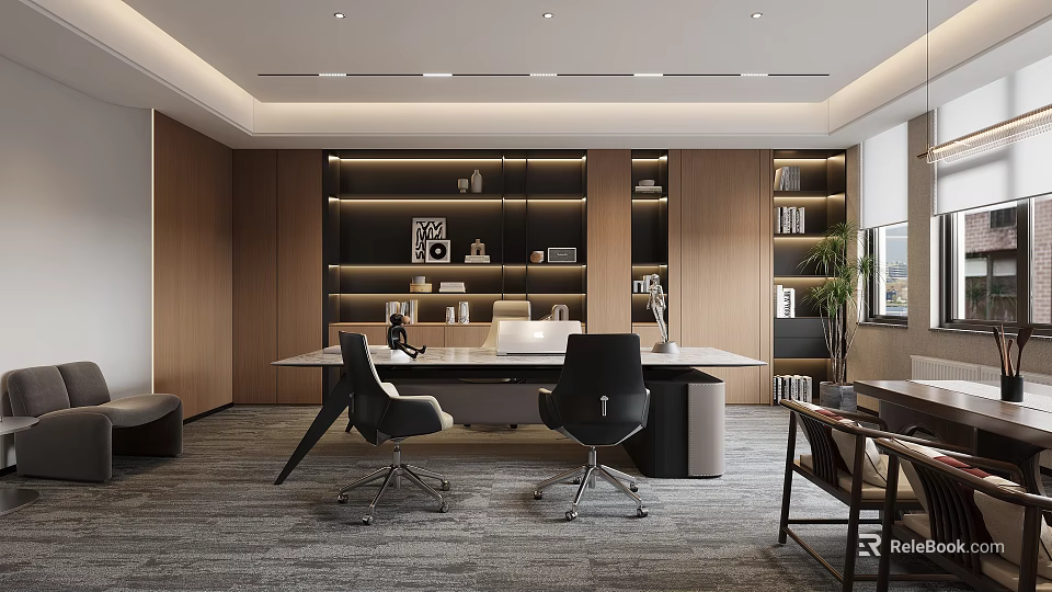 Stylish Modern Office Interior With Large Desk Ergonomic Chairs And Wooden Bookshelves Lighting 3d model 