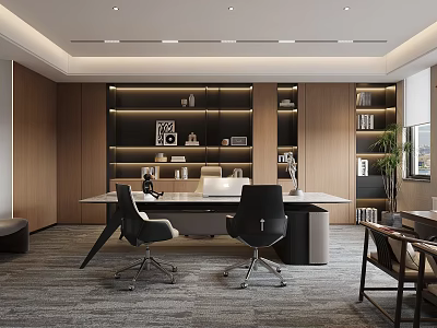 Stylish Modern Office Interior With Large Desk Ergonomic Chairs And Wooden Bookshelves Lighting 3d model