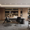 Stylish Modern Office Interior With Large Desk Ergonomic Chairs And Wooden Bookshelves Lighting