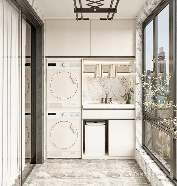 Modern Home Balcony with Washing Machine Dryer Marble Sink and Window Plants Design 3d model 