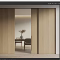 Modern Wooden Sliding Doors Revealing Elegant Dining Area With Table Chairs And Vase