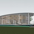 Modern Circular Sales Office Building With Glass Curtain Walls Curved Roof And Front Water Pool 3d model