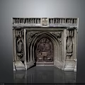 Gothic Architectural Carved Entrance With Arched Design And Stone Side Statues