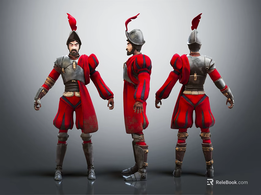 Three Angles of Warrior Character in Red and Silver Armor with Red Feather Helmet Render 3d model 