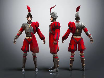 Three Angles of Warrior Character in Red and Silver Armor with Red Feather Helmet Render 3d model