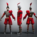 Three Angles of Warrior Character in Red and Silver Armor with Red Feather Helmet Render