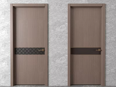 Brown Wooden Swing Doors With Decorative Strips And Golden Handles On Gray Wall 3d model