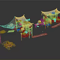 Rustic Outdoor Market Stall Components With White Canopies Wooden Frames Fishing Nets And Baskets