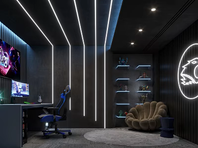 Stylish Modern Cyber Cafe With Comfortable Gaming Chairs LED Lighting And High Speed Internet 3d model