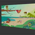 Colorful Cartoon Nature Scene With Owl Butterfly Frog Trees Beach And Water