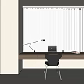 White Vertical Blinds In Cozy Home Office Desk Area With Laptop And Table Lamp