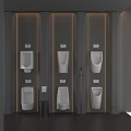 Modern Urinals In Public Restroom With Gray Walls And Trash Bin Design