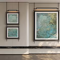 Three Abstract Paintings Small Left And Large Right On Light Colored Wall 3d model