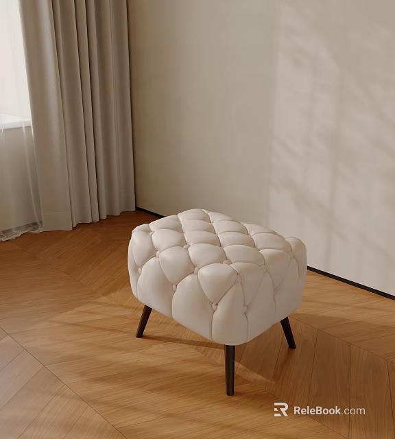 White Tufted Leather Stool With Black Metal Legs On Wooden Floor Room 3d model 