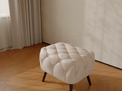 White Tufted Leather Stool With Black Metal Legs On Wooden Floor Room 3d model
