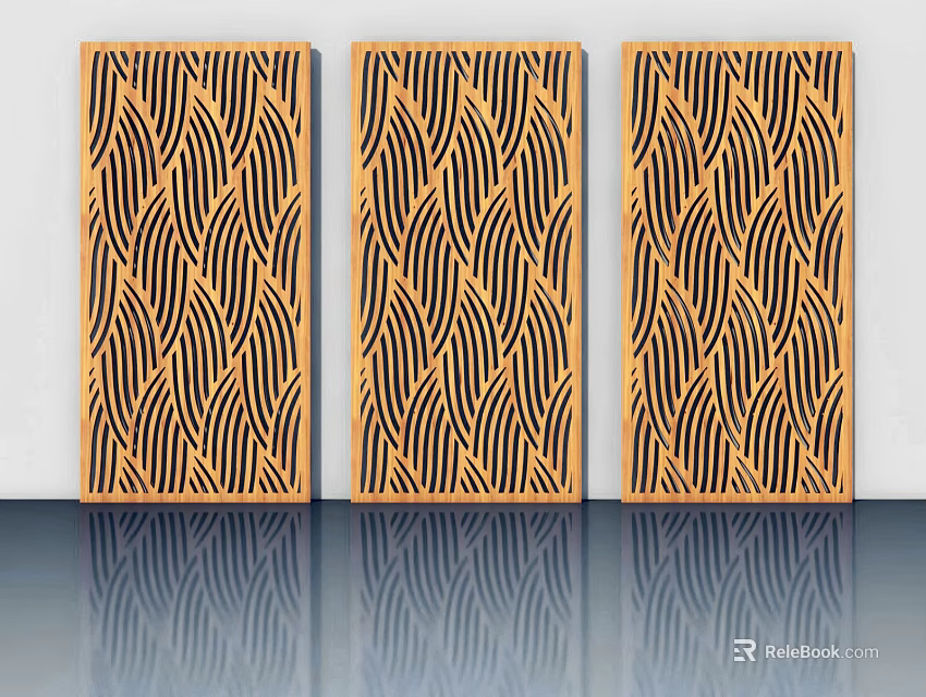 Modern Interior Three Panel Wooden Hinged Doors With Wave Pattern Design 3d model 