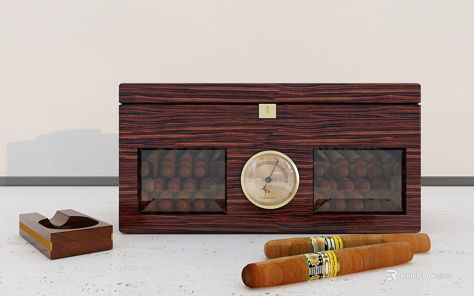 Wooden Cigar Humidor With Glass Windows Analog Hygrometer Cigars And Ashtray 3d model 