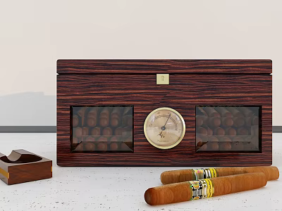 Wooden Cigar Humidor With Glass Windows Analog Hygrometer Cigars And Ashtray 3d model