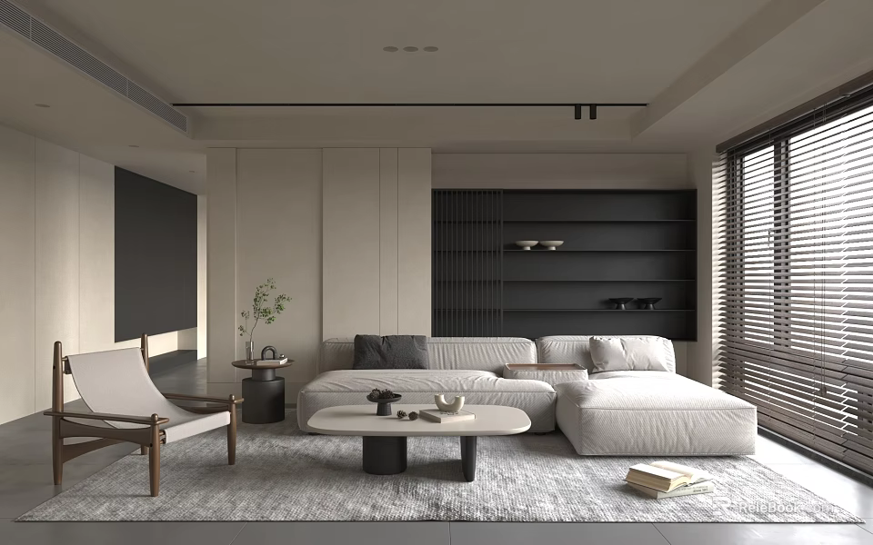 Modern Minimalist Living Room Interior With Light Sofa Wooden Chair Black Shelves And Coffee Table 3d model 