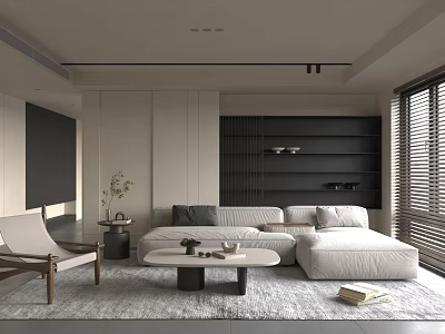 Modern Minimalist Living Room Interior With Light Sofa Wooden Chair Black Shelves And Coffee Table 3d model