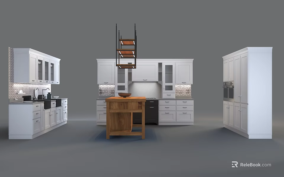 Modern Kitchen Interior Design With White Cabinets And Wooden Island Counter 3d model 