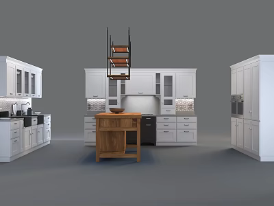 Modern Kitchen Interior Design With White Cabinets And Wooden Island Counter 3d model