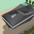 Contemporary Public Building Design With Cantilevered Roof And Perforated Geometric Facade