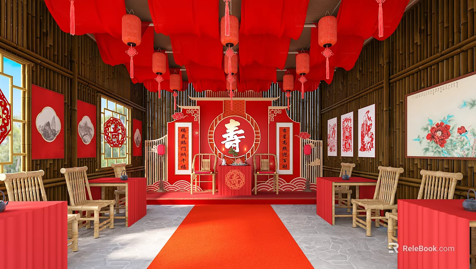 Cultural Center Interior With Red Lanterns Red Carpet Chinese Shou Longevity Character Decorations 3d model 