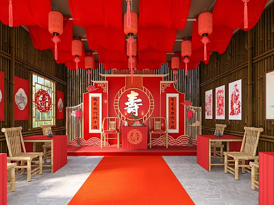 Cultural Center Interior With Red Lanterns Red Carpet Chinese Shou Longevity Character Decorations 3d model