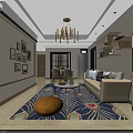 Modern Living and Dining Room Interior With Beige Sofa Coffee Table Patterned Rug Gold Chandelier