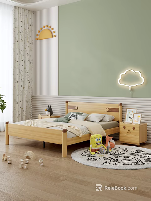 Wooden Children's Bed with Headboard Cloud Shaped Lamp and Nightstand on Light Green Wall 3d model 