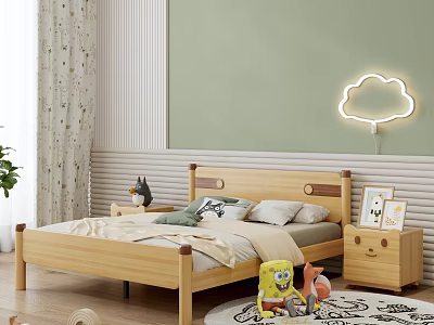 Wooden Children's Bed with Headboard Cloud Shaped Lamp and Nightstand on Light Green Wall 3d model