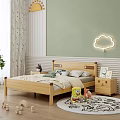 Wooden Children's Bed with Headboard Cloud Shaped Lamp and Nightstand on Light Green Wall