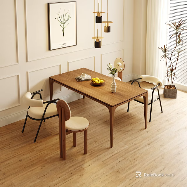 Wooden Dining Table Set With Four Chairs White Cushions Black Legs Fruits Vase And Tableware 3d model 