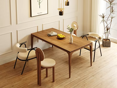 Wooden Dining Table Set With Four Chairs White Cushions Black Legs Fruits Vase And Tableware 3d model