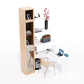 Modern Wooden Desk With Bookshelf Photo Books Red Flower Vase Laptop Backpack And Chairs