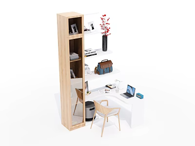 Modern Wooden Desk With Bookshelf Photo Books Red Flower Vase Laptop Backpack And Chairs 3d model